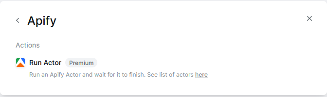 Lindy action search box with "Apify" typed, showing "Run Actor" option, or "Scrapers" category with "Run Actor" highlighted.
